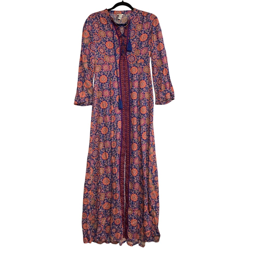 Forever 21 Womens Purple Orange Floral Medallion Lace Up Tassel Maxi Dress M